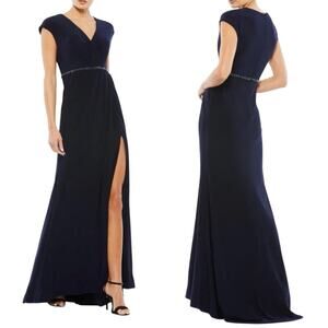 MAC DUGGAL 67850 Faux Wrap V-Neck Cap Sleeve Gown in Navy Size 4 New w/ Tag $398